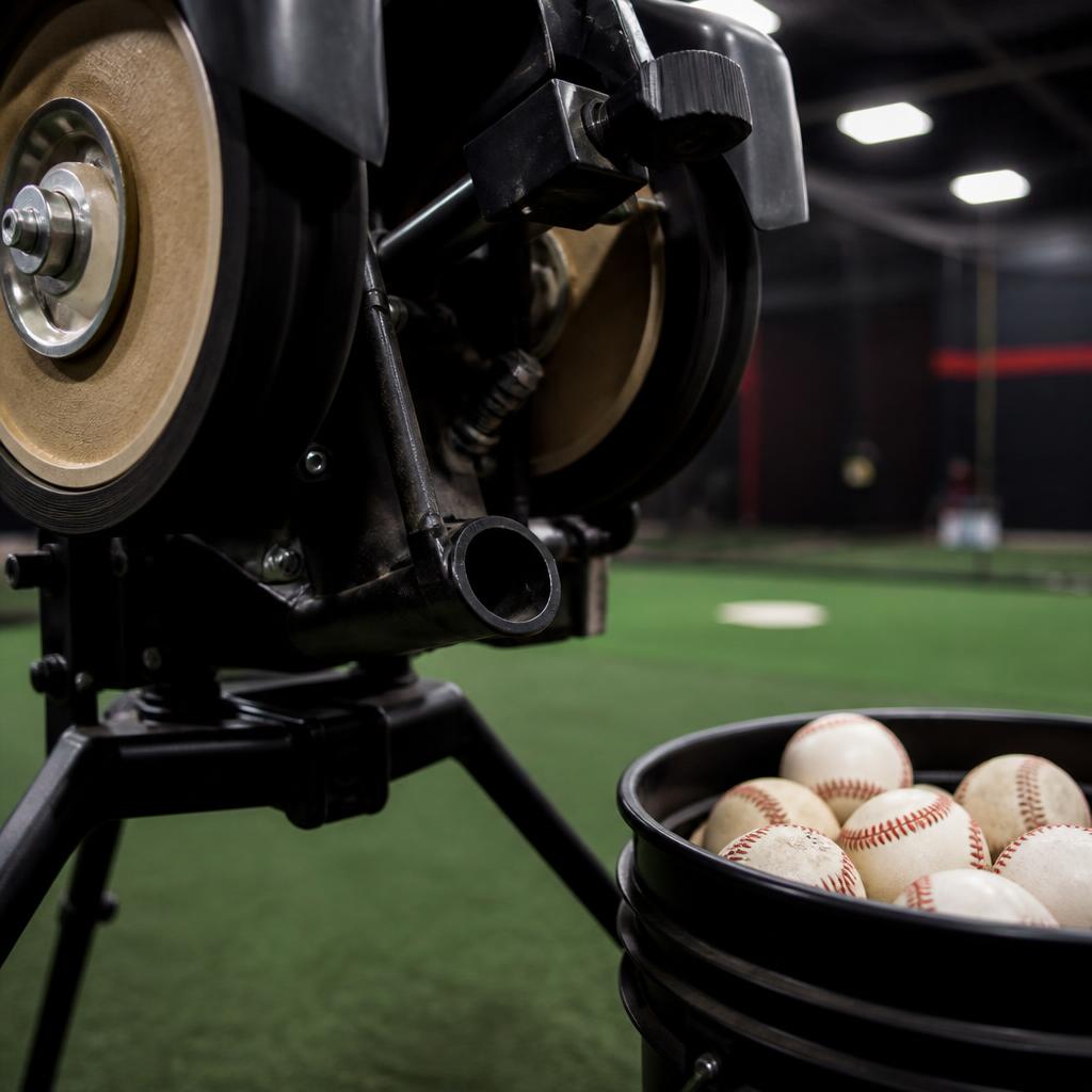 Pitching machine and a bucket of baseballs on the turf